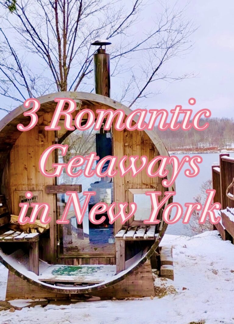 A cozy round cabin surrounded by snow, with text overlay promoting romantic getaways in New York.