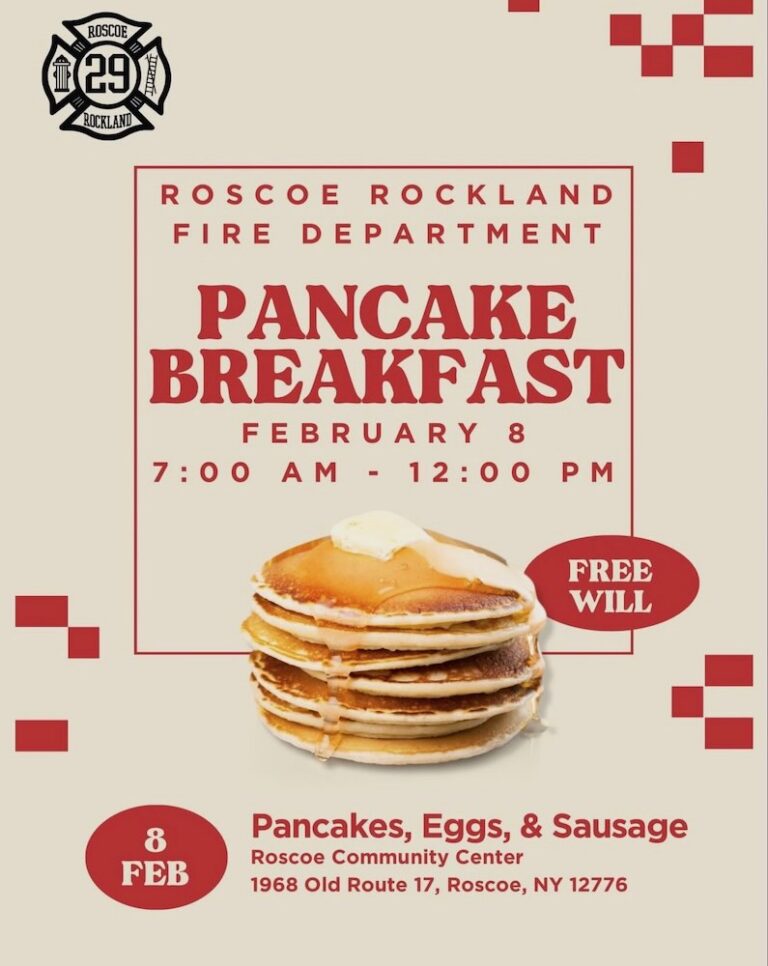 Promotional flyer for a pancake breakfast organized by the Roscoe Rockland Fire Department, featuring event details and food offerings.