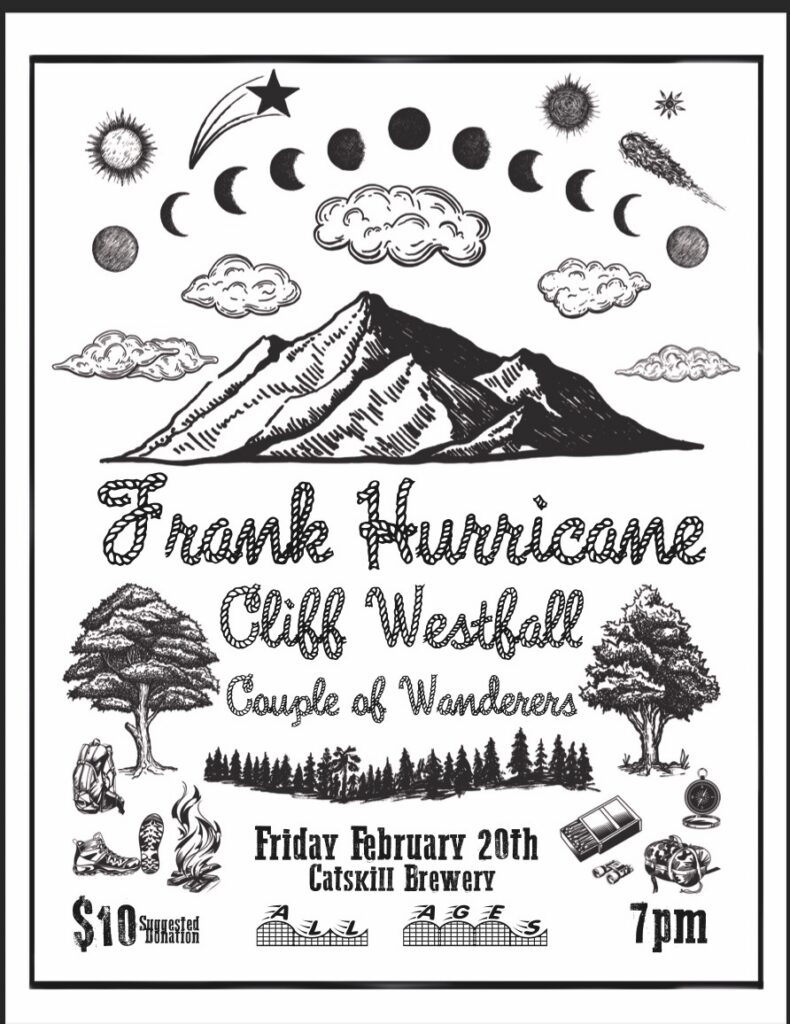 A concert poster featuring mountains, trees, and celestial elements, listing performers Frank Hurricane and Cliff Westfall, along with event details and ticket price.