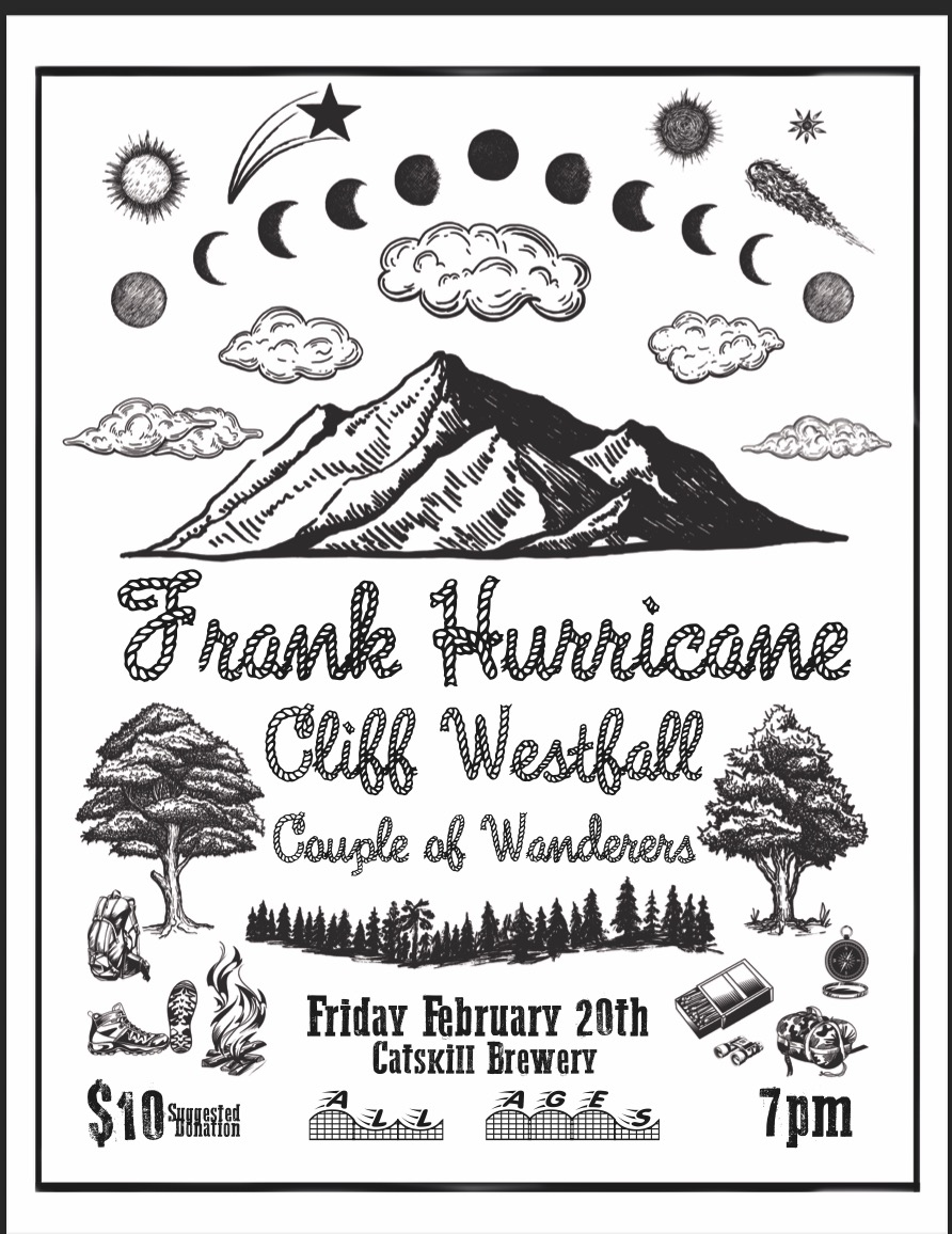 A concert poster featuring mountains, trees, and celestial elements, listing performers Frank Hurricane and Cliff Westfall, along with event details and ticket price.
