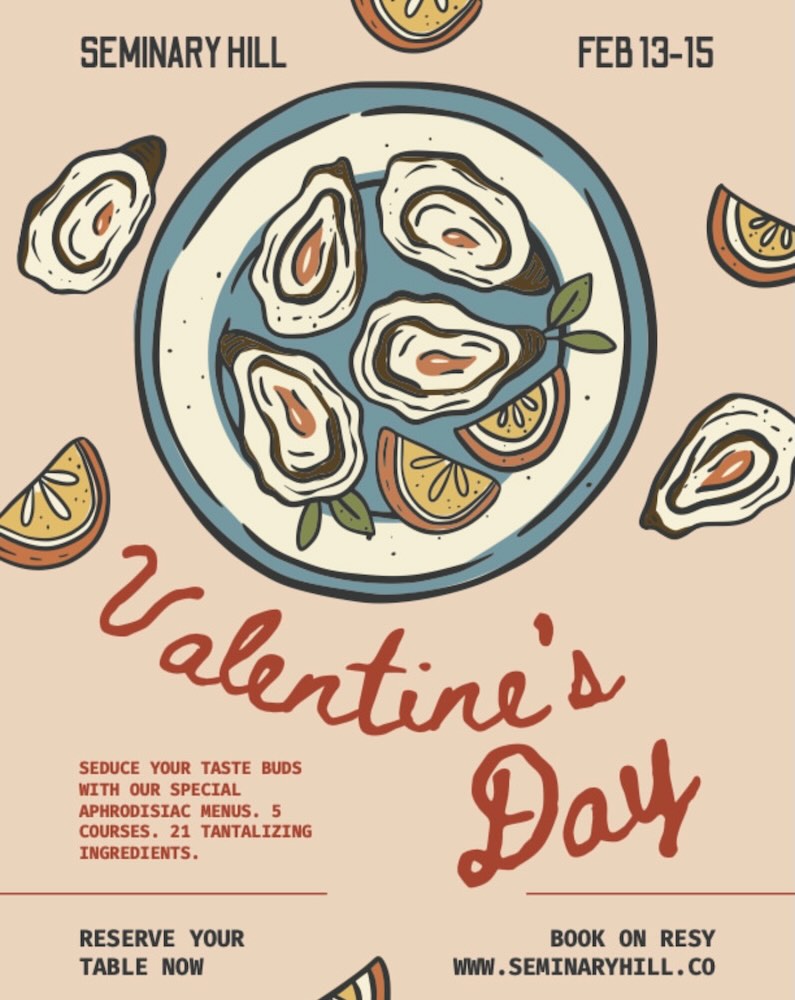 A decorative illustration promoting a Valentine's Day menu with oysters, lemon slices, and an inviting design.