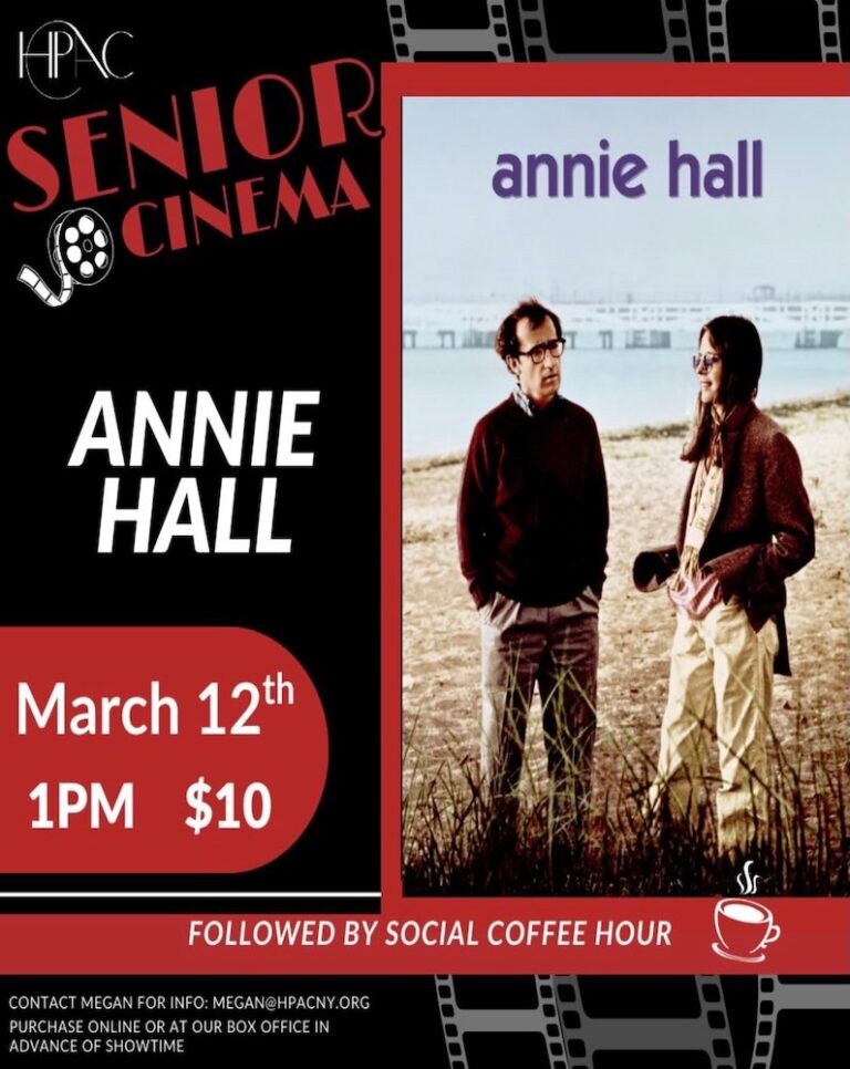 A promotional poster for a screening of the film 'Annie Hall' on March 12th, featuring two characters by the beach.