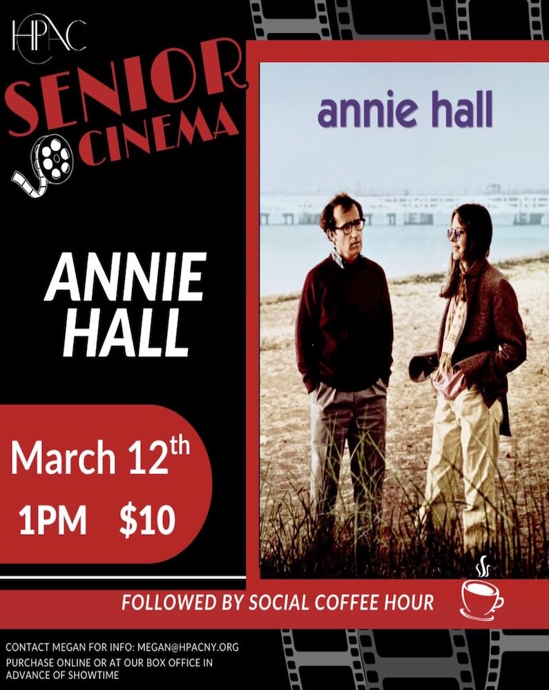 A promotional poster for a screening of the film 'Annie Hall' on March 12th, featuring two characters by the beach.
