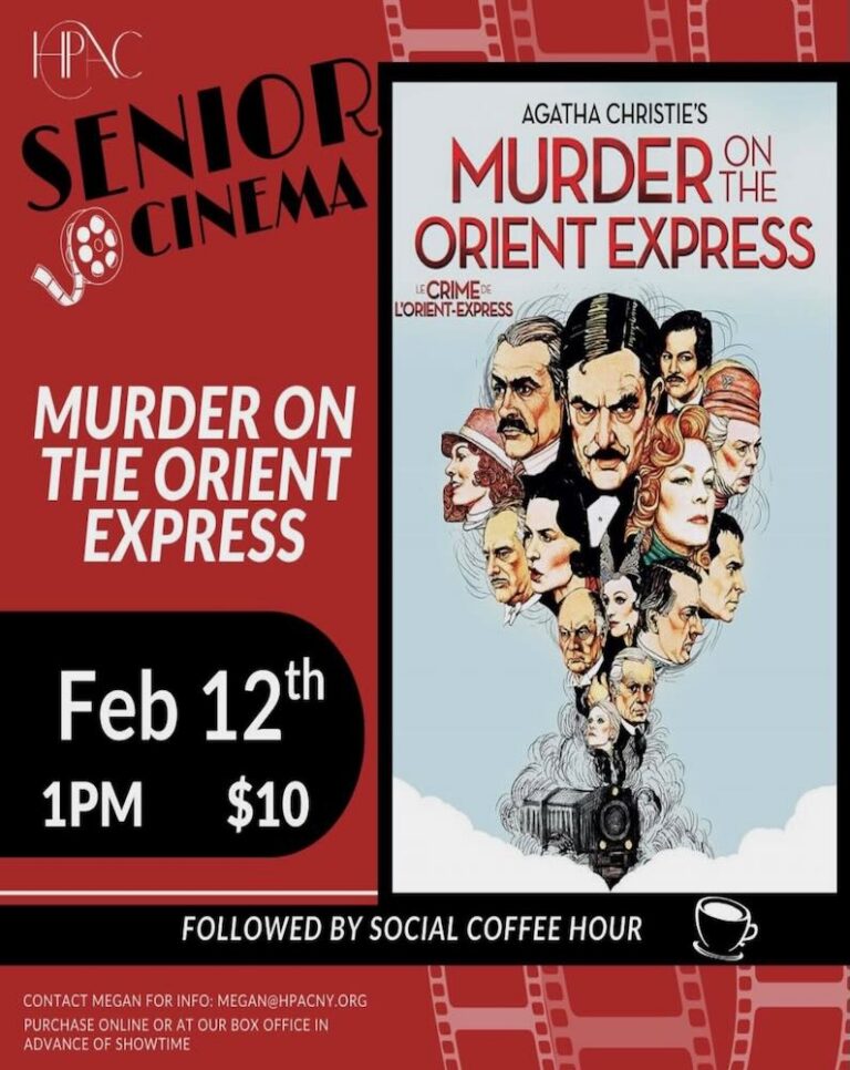 Promotion for a screening of 'Murder on the Orient Express' on February 12th, featuring an illustration of characters from the film.