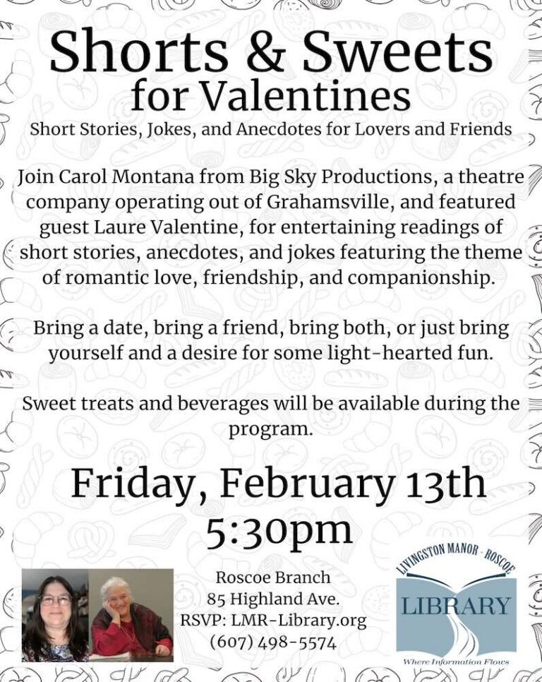 A promotional flyer for a storytelling event featuring readings about love and friendship, scheduled for February 13th at Roscoe Branch Library.