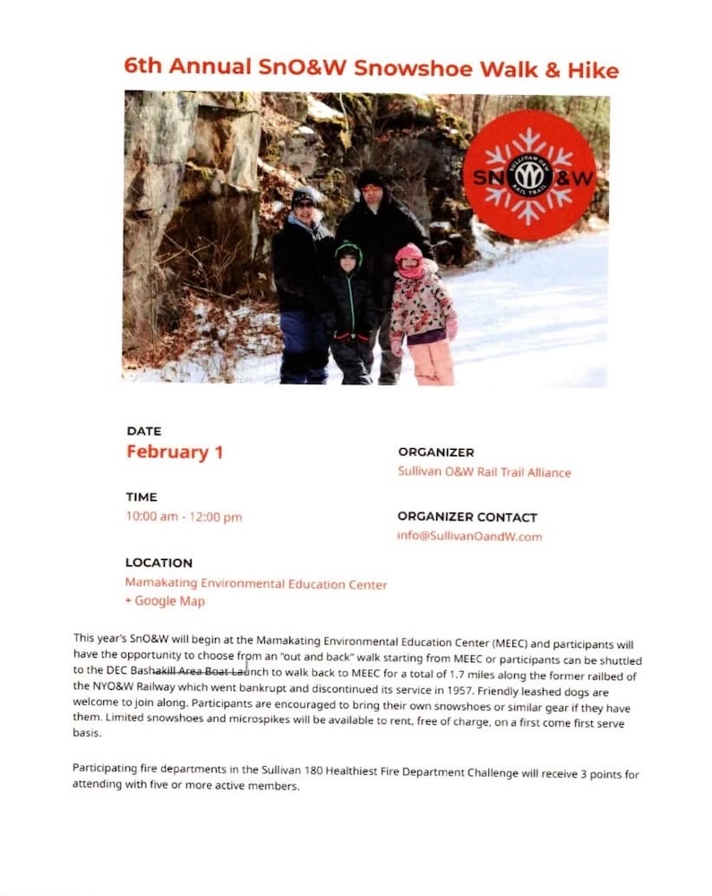 A flyer for the 6th Annual Snowshoe Walk & Hike, featuring event details and a snowy landscape with participants.