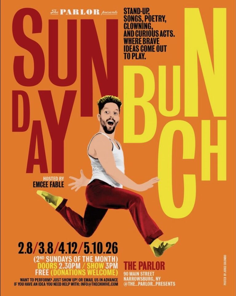 A colorful promotional poster for a monthly event called 'Sunday Bunch,' featuring stand-up comedy, poetry, and various acts, hosted by Emcee Fable.