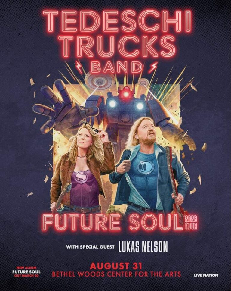 A promotional poster for a concert featuring Tedeschi Trucks Band and Future Soul with Lukas Nelson, highlighting the event date and venue.