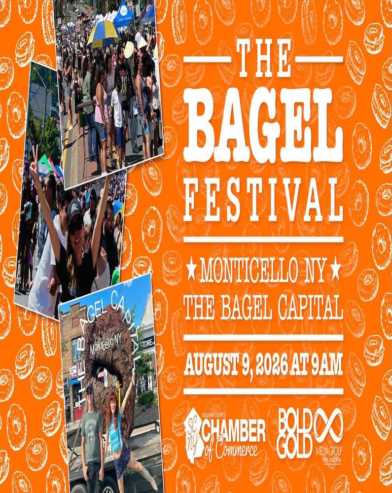 Promotional poster for the Bagel Festival in Monticello, NY, featuring event details and vibrant images of attendees celebrating.