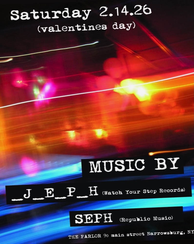 A colorful event flyer announcing a Valentine's Day music performance by J_E_P_H and SEPH, featuring vibrant light trails in the background.