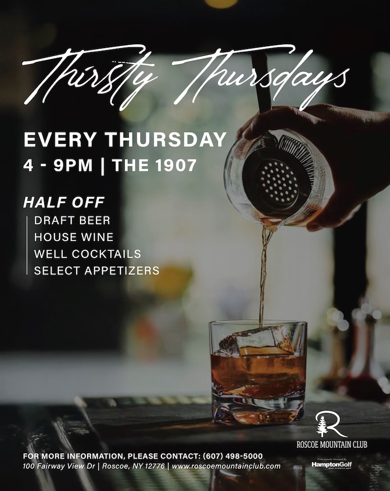 Promotional poster for "Thirsty Thursdays" event at The 1907, featuring discounts on drinks and appetizers from 4 to 9 PM.
