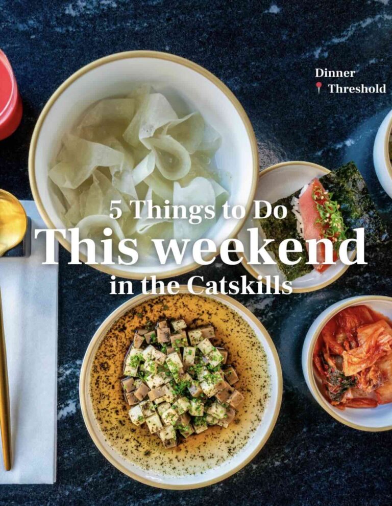 A vibrant assortment of dishes, including noodles, toppings, and pickled vegetables, accompanied by a text overlay about weekend activities in the Catskills.
