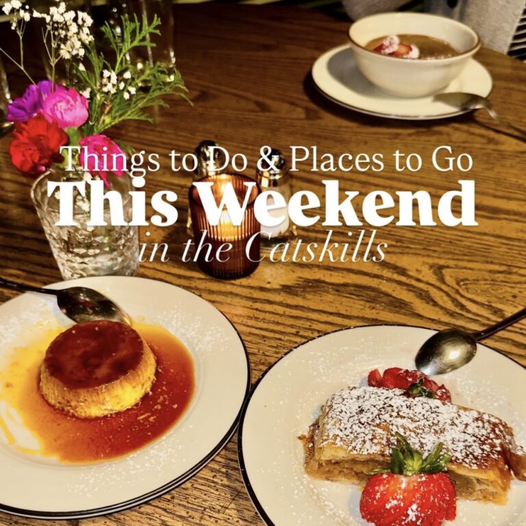 Two desserts elegantly presented on a wooden table, alongside a floral centerpiece, with text promoting weekend activities in the Catskills.