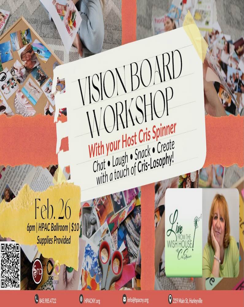 A promotional flyer for a vision board workshop featuring details about the event, host Cris Spinner, and activities involved.