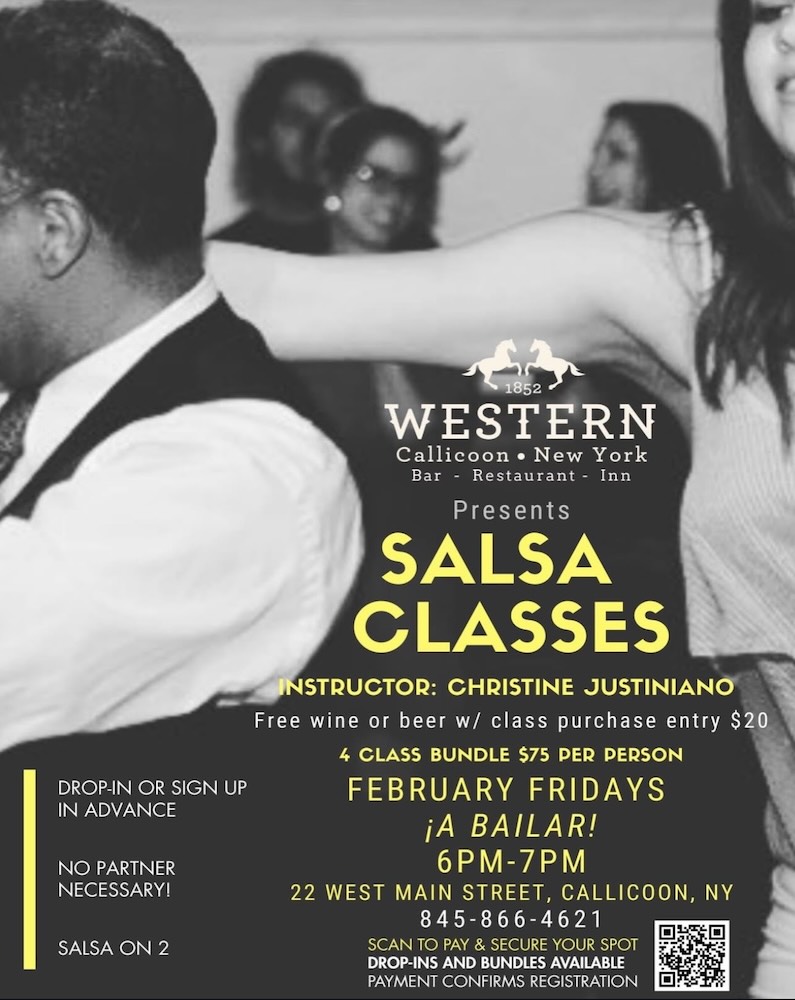 A promotional flyer for salsa classes, detailing the instructor, venue, schedule, and pricing information.