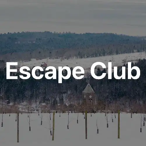 A winter landscape featuring snowy fields, distant trees, and a clock tower, with the text 'Escape Club' prominently displayed.