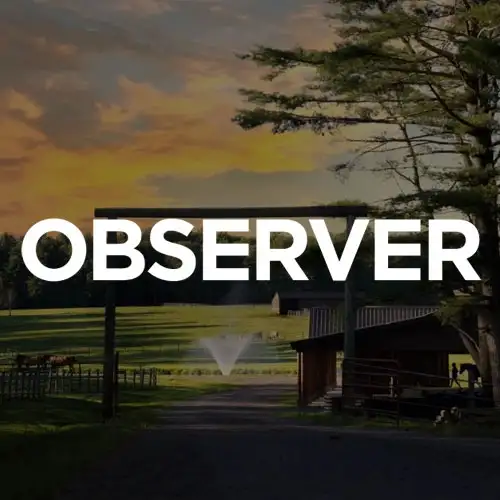 A peaceful rural landscape featuring green fields, a wooden structure, and a sunset in the background, with the word 'OBSERVER' prominently displayed.