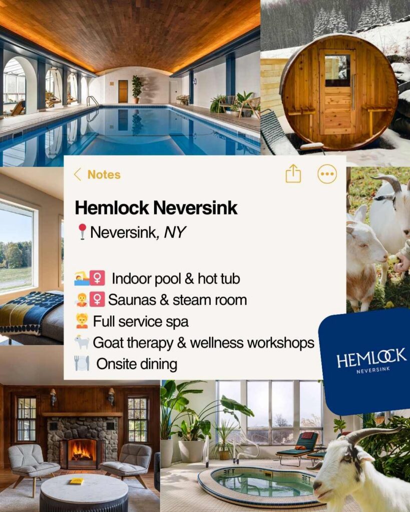 A collage showcasing Hemlock Neversink, highlighting features like a pool, spa services, goat therapy, and cozy interiors in a serene setting.
