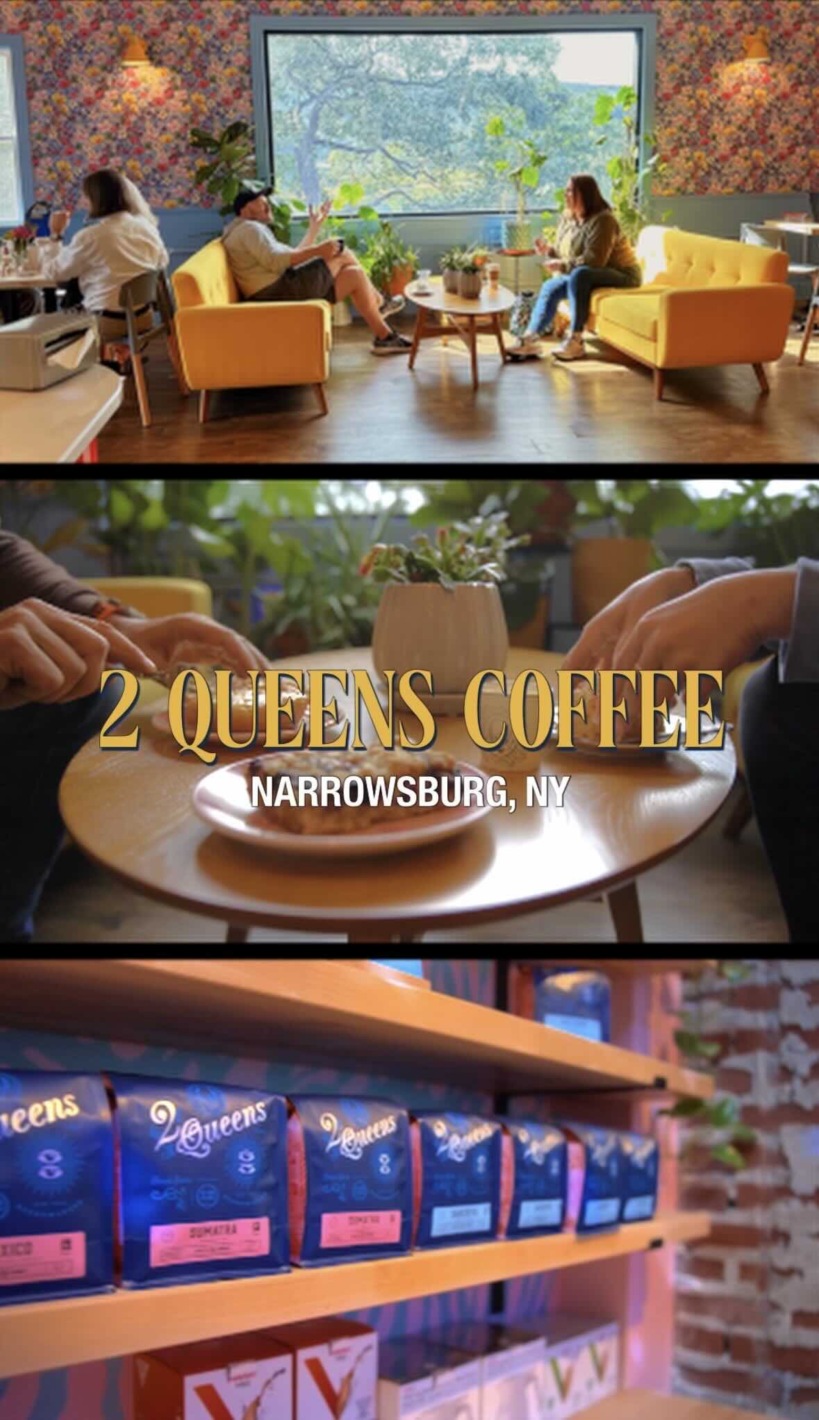 A cozy coffee shop setting with patrons enjoying their drinks, featuring a stylish interior and a display of coffee products.