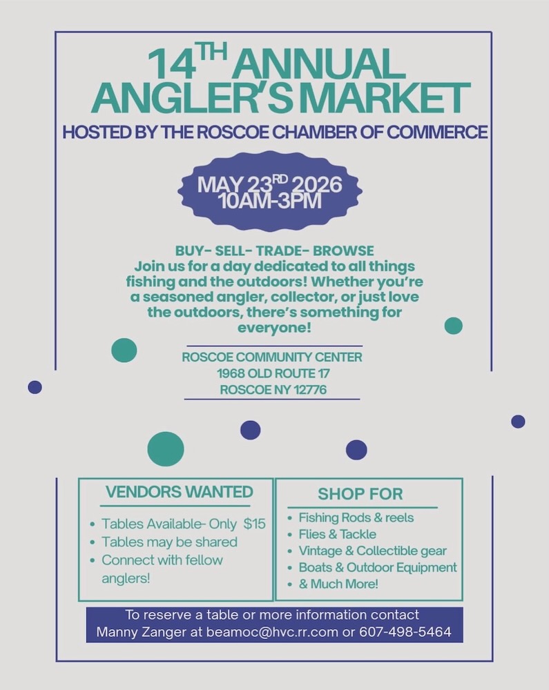 A poster for the 14th Annual Angler's Market featuring event details, vendor information, and activities related to fishing and outdoor goods.