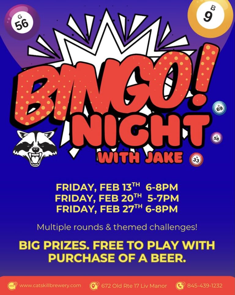 A promotional flyer for Bingo Night, featuring dates, times, and prizes, with playful graphics and a raccoon mascot.