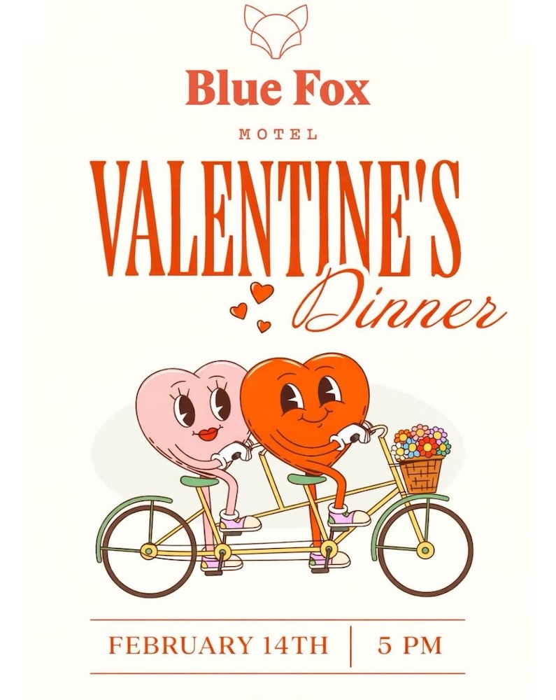 A whimsical illustration of two heart characters riding a bicycle, promoting a Valentine's dinner event at Blue Fox Hotel.