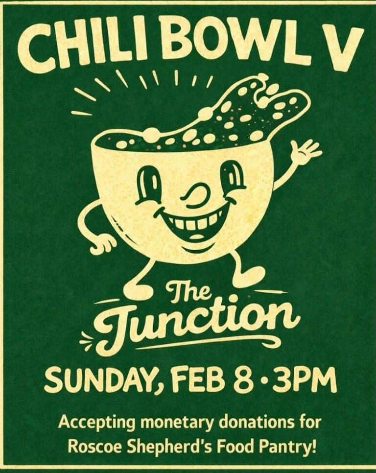 A cheerful cartoon chili bowl announces a fundraising event at The Junction on February 8, with monetary donations for a food pantry.