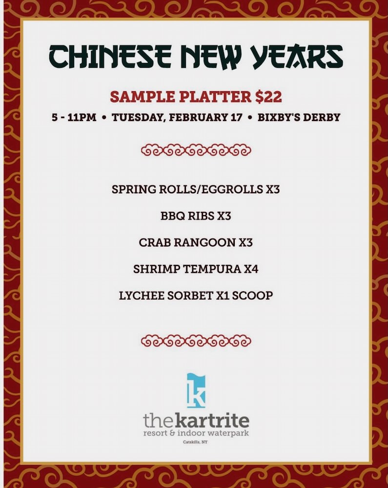 Menu for a Chinese New Year sample platter including various appetizers and desserts, with pricing and restaurant details.