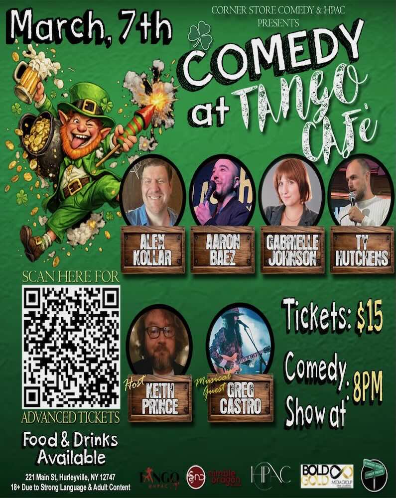 Event flyer for a comedy show featuring multiple comedians, with details about tickets, date, and location. Includes a QR code and Irish-themed graphics.