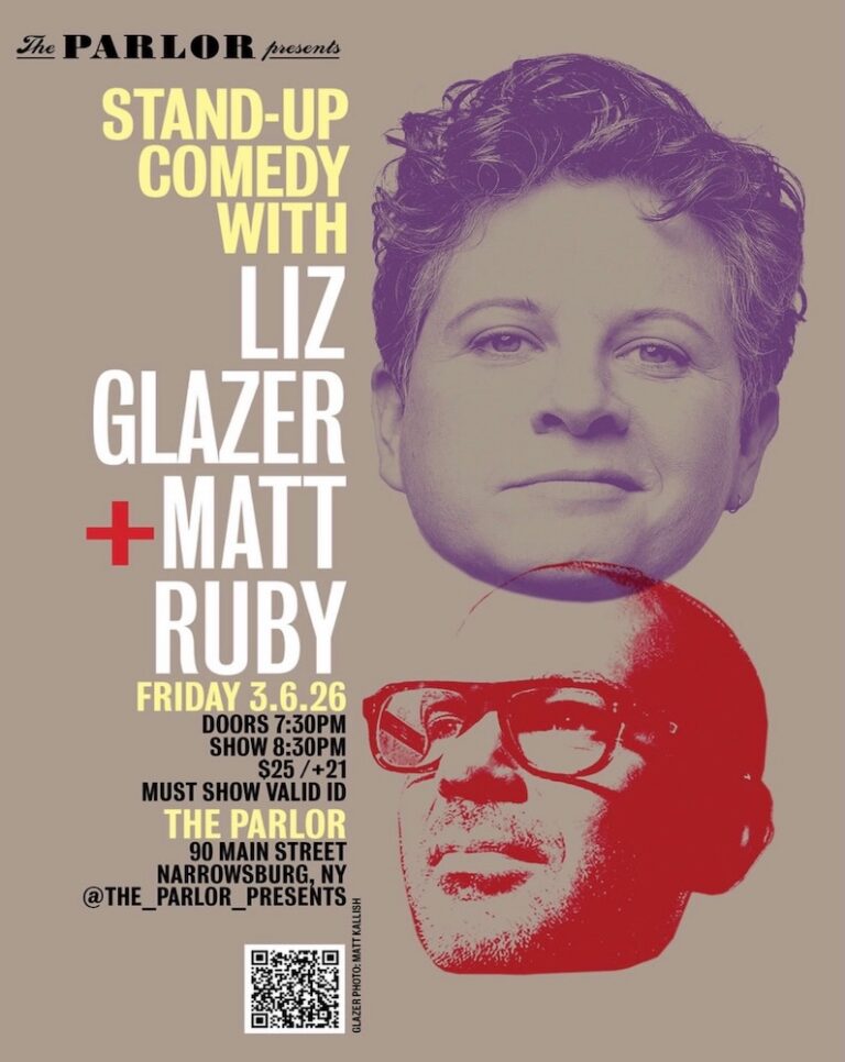 A promotional poster for a stand-up comedy event featuring Liz Glazer and Matt Ruby, including event details like date, time, and location.