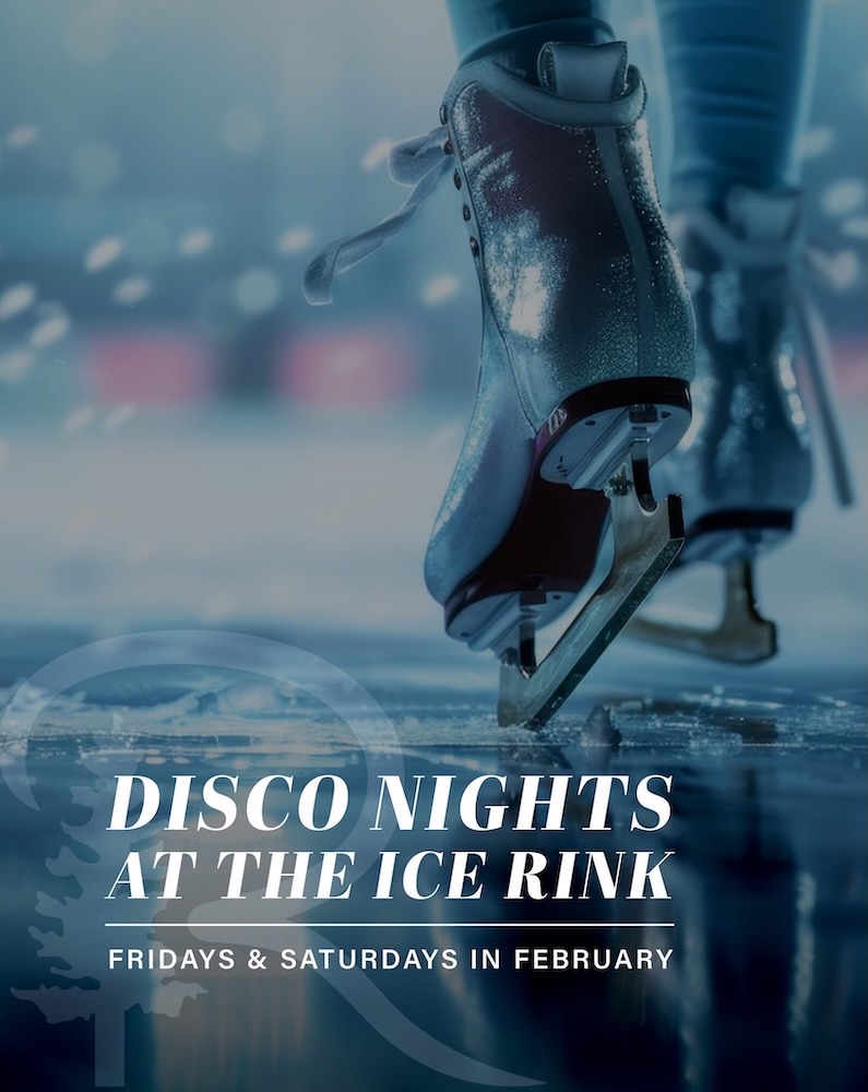 A close-up of ice skates gliding on an ice rink, advertising disco nights in February with bright, colorful lighting.