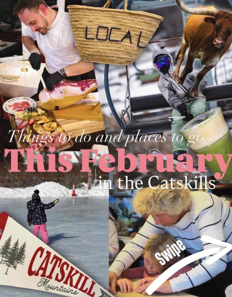 A collage highlighting activities and events in the Catskills during February, featuring food, outdoor sports, and local culture.