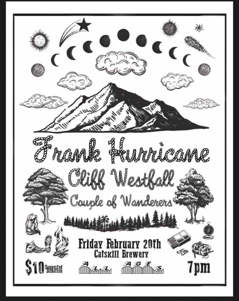 A black and white poster advertising a music event featuring Frank Hurricane, Cliff Westfall, and Couple of Wanderers, with artistic mountain and celestial illustrations.