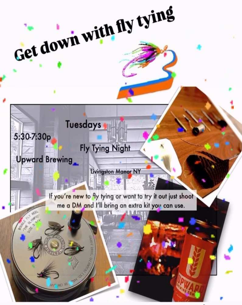 Promotional flyer for a Fly Tying Night at Upward Brewing, with details on time, location, and an invitation for newcomers.