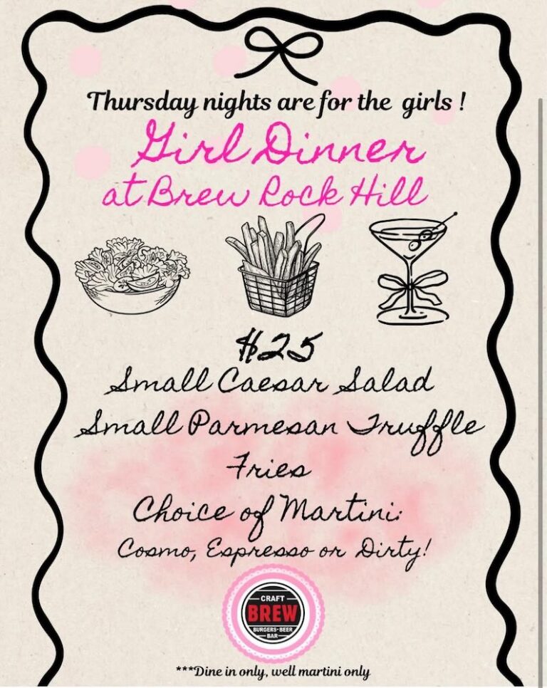 Promotional flyer for a Thursday girls' dinner at Brew Lock Hill, featuring a small Caesar salad, Parmesan truffle fries, and a choice of martini.