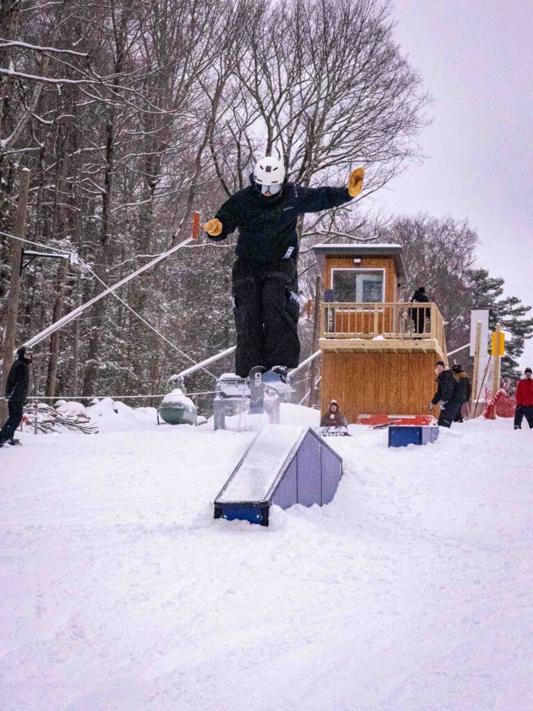 A skier performs a jump over a rail in a snowy landscape, with trees and a small cabin in the background.