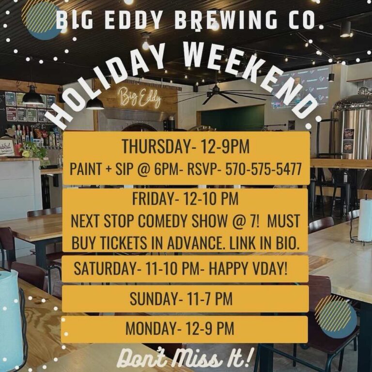 A promotional flyer for Big Eddy Brewing Co. detailing events for a holiday weekend, including timings for activities and reminders for ticket purchases.