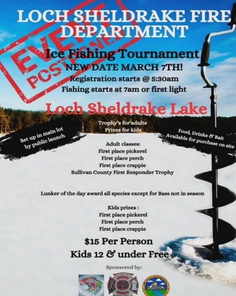 Announcement for an ice fishing tournament by the Loch Sheldrake Fire Department, detailing registration, prizes, and event specifics.