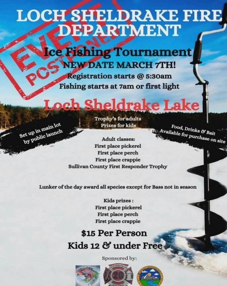 Announcement for an ice fishing tournament by the Loch Sheldrake Fire Department, detailing registration, prizes, and event specifics.