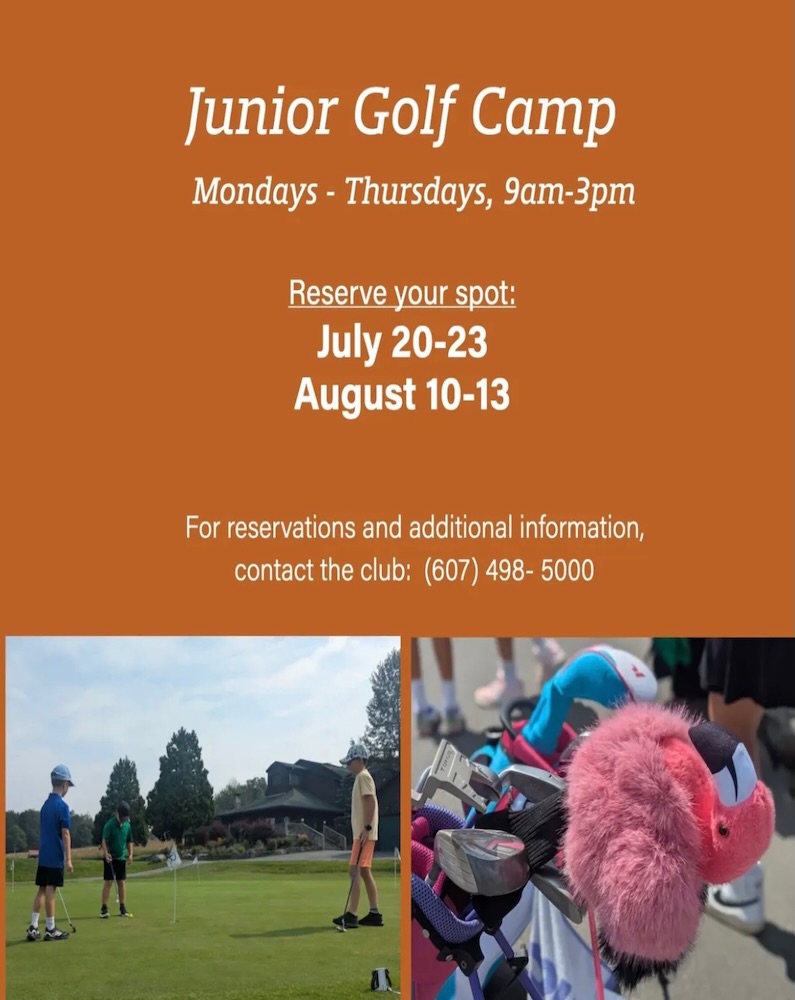 Promotional flyer for a Junior Golf Camp, including dates for registration and contact information.
