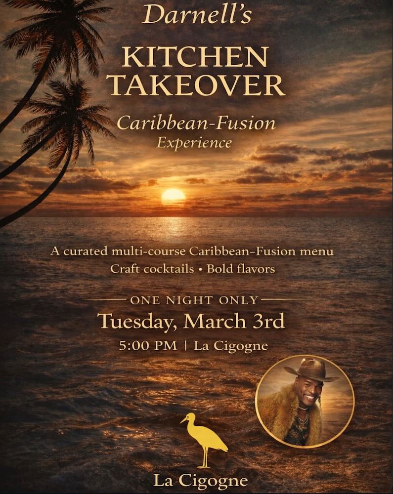 Promotional poster for Darnell's Kitchen Takeover, featuring a Caribbean-Fusion menu, date, time, and location details against a picturesque sunset background.