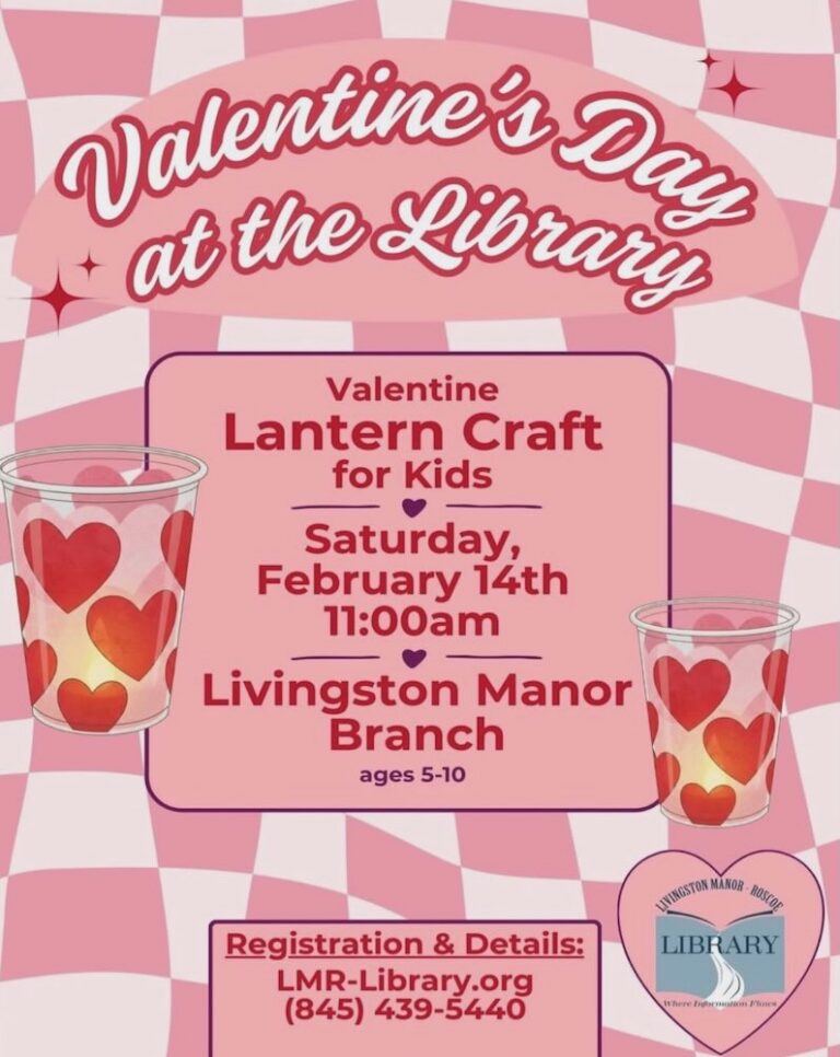 A colorful flyer advertising a Valentine's Day lantern craft event for kids at the library, scheduled for February 14th.