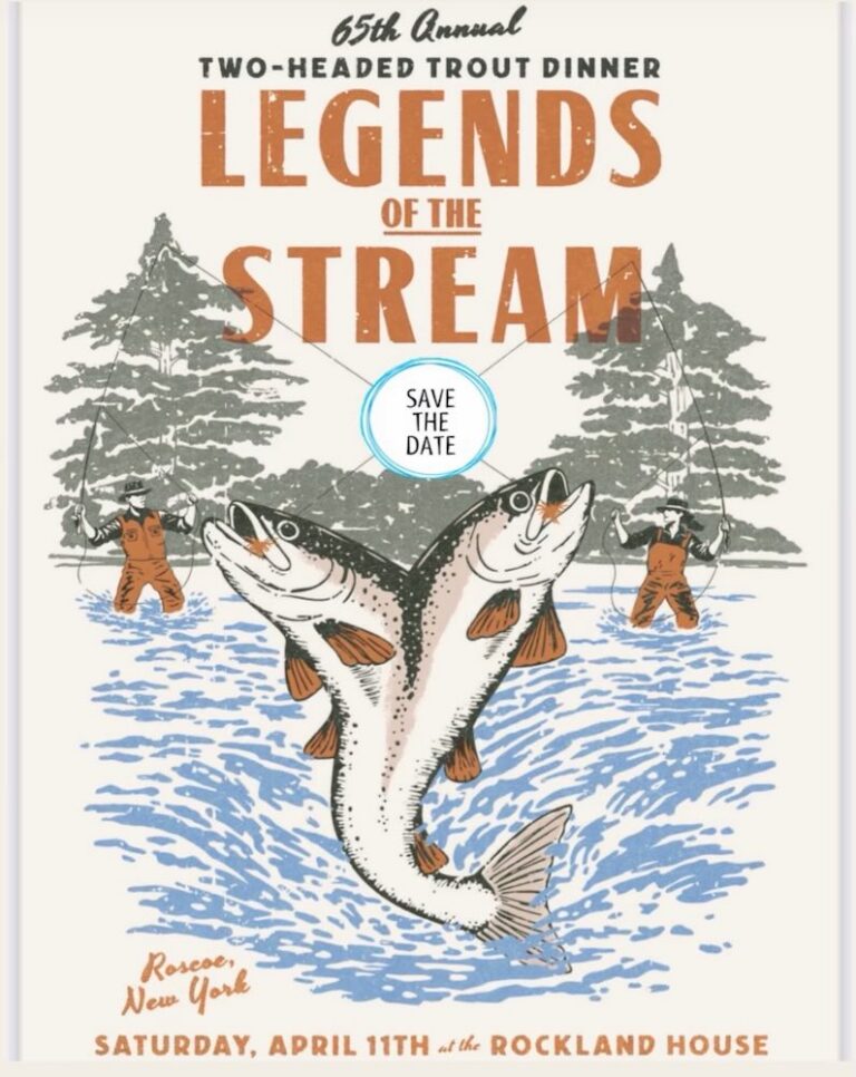 A vintage-style poster advertising the 65th Annual Two-Headed Trout Dinner, featuring two fish in water with event details listed.