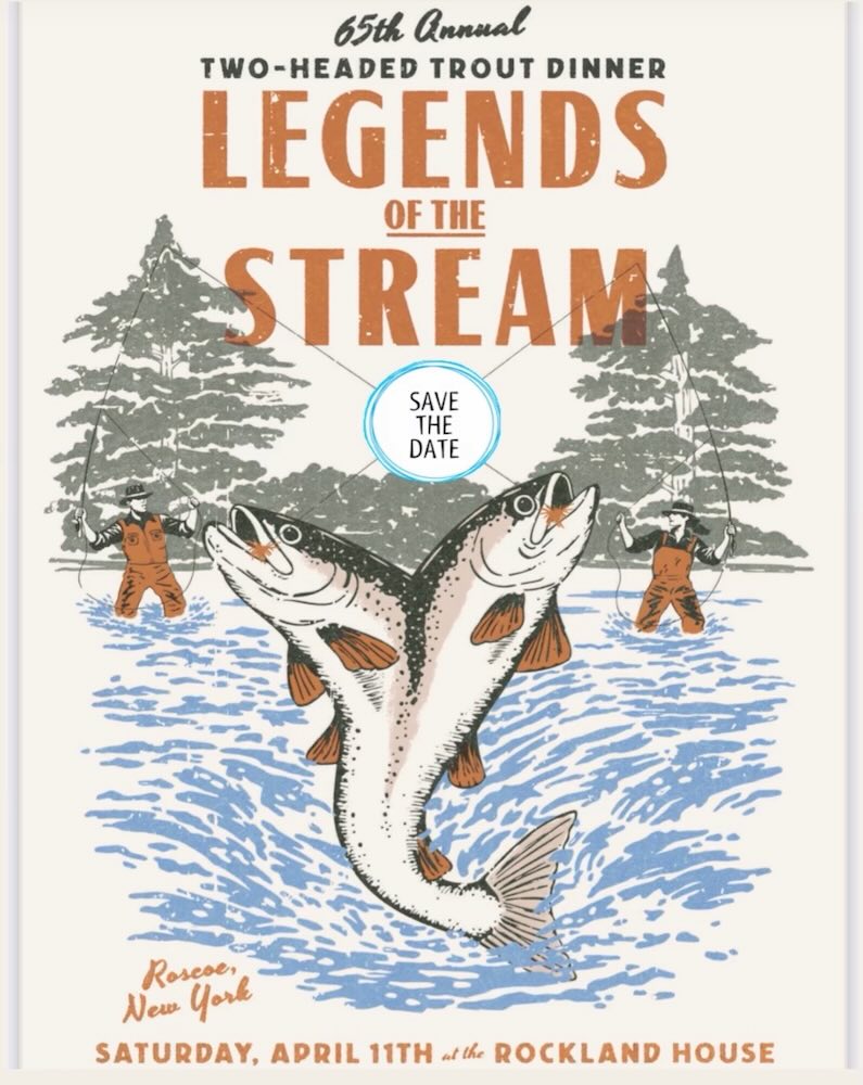 A vintage-style poster advertising the 65th Annual Two-Headed Trout Dinner, featuring two fish in water with event details listed.