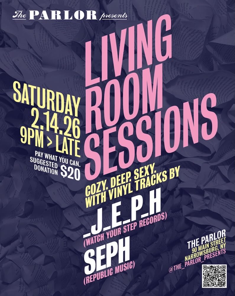 Poster for 'Living Room Sessions' event featuring DJs J.E.P.H and Seph, scheduled for February 14, 2026, at The Parlor.