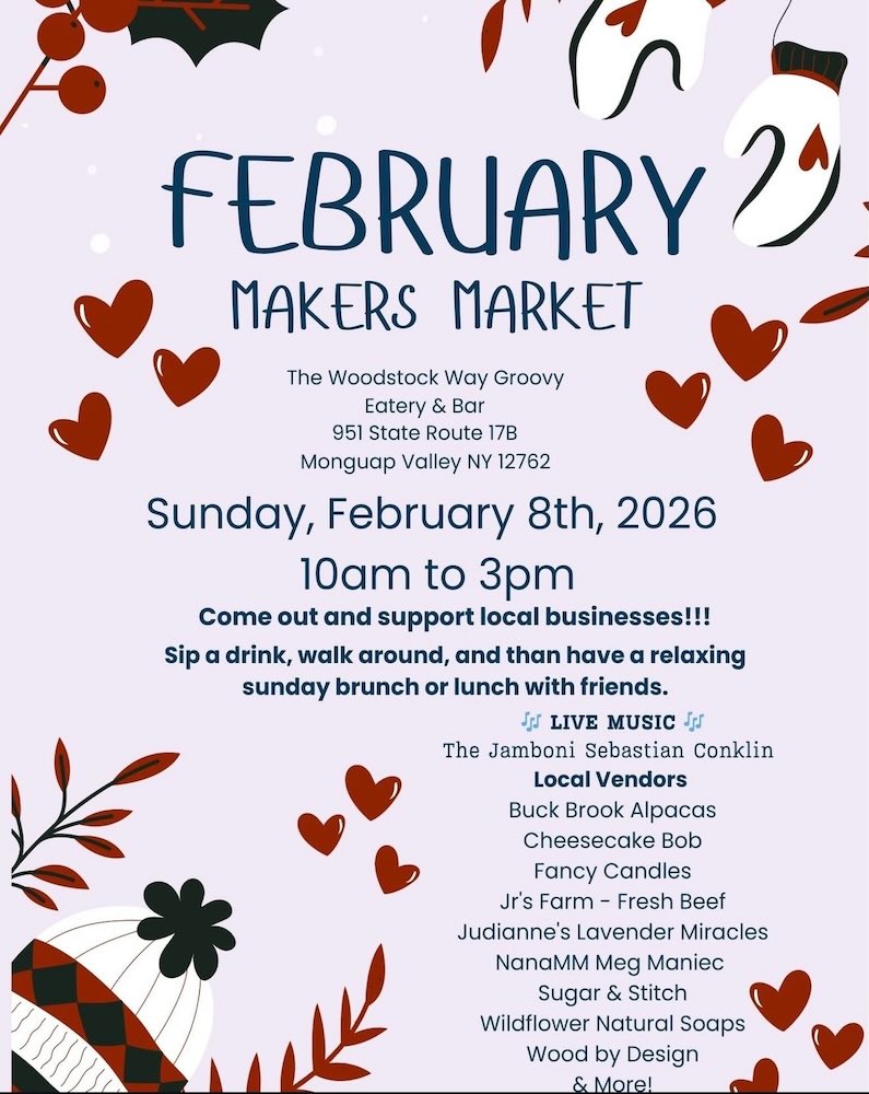 Event flyer for a February Makers Market, featuring local vendors, live music, and a brunch invitation on February 8th, 2026.