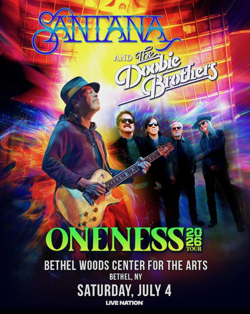 Concert poster for Santana and The Doobie Brothers, featuring vibrant colors, instruments, and event details for a performance at Bethel Woods.