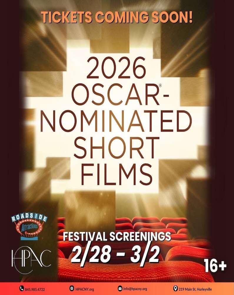 Promotional poster for the 2026 Oscar-nominated short films festival, highlighting screening dates and age restriction.