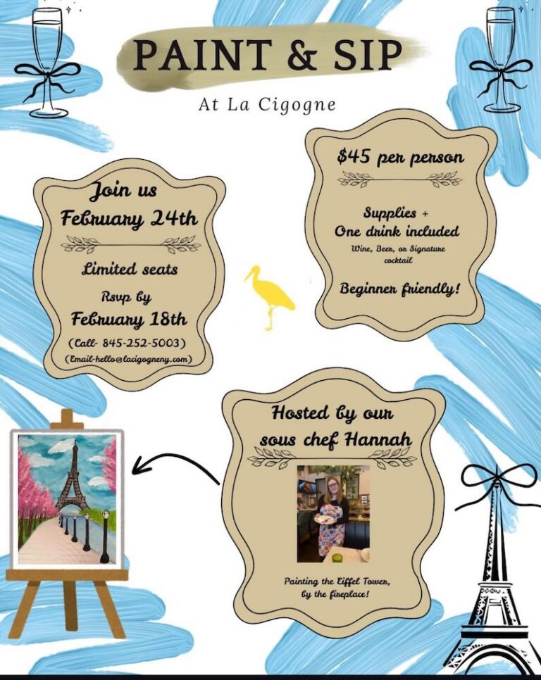 A promotional flyer for a 'Paint & Sip' event at La Cigogne, detailing date, pricing, and supplies included.