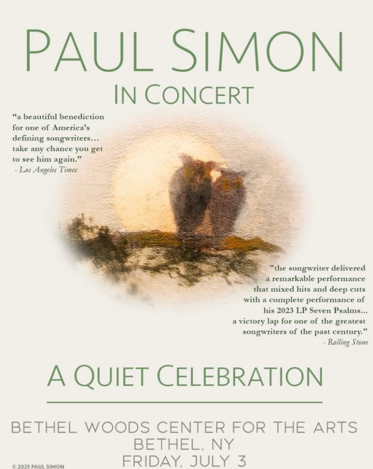 Poster for Paul Simon's concert featuring artistic imagery and event details for A Quiet Celebration at Bethel Woods Center.